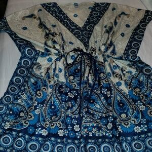 Womens Blue and White Paisley Kaftan Cover Up